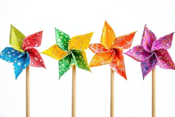 Pinwheels Closeup on Wooden Sticks, Colorful Paper Flowers, Patterned Texture, White Back