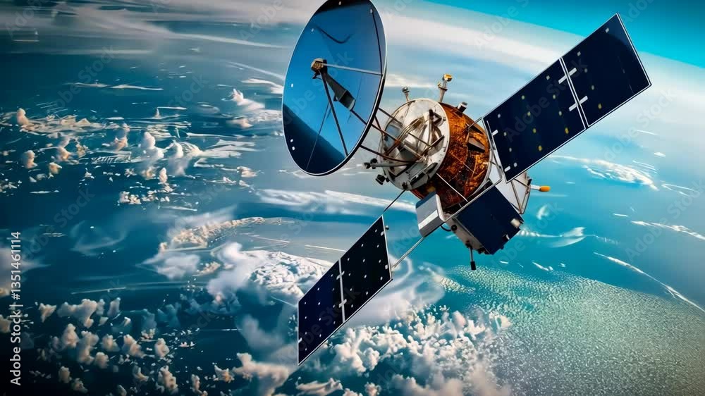 Poster Observe the intricate design of a satellite orbiting gracefully in space, highlighting engineering advancements in communication against the stunning backdrop of our beautiful Earth