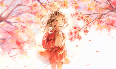 Fototapeta premium 新生活の喜びを感じている少女。桜。水彩。水彩画。イラスト。バナー素材。背景素材。
