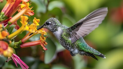 Fototapeta premium A hummingbird hovers in mid-air, feeding from a bright orange and yellow flower.