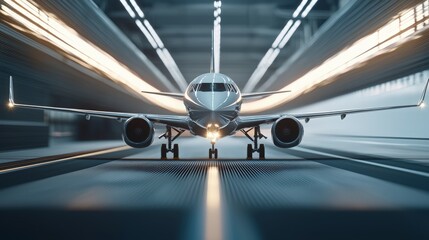 Modern Airplane Taxiing in Airport Tunnel.