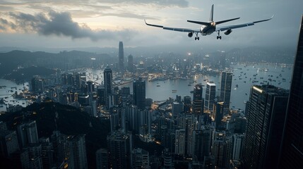 Airplane Approaching Hong Kong City at Dusk.