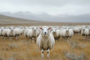 Fototapeta premium Standing Sheep Watches Viewers in Field with Mountain Backdrop