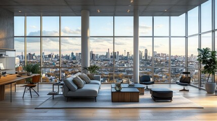 Modern Apartment Interior with Panoramic City View, Minimalist Design, Neutral Colors