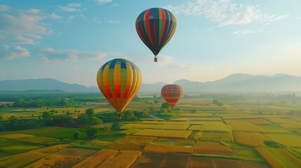 Obraz premium Three hot air balloons fly over a rural landscape.