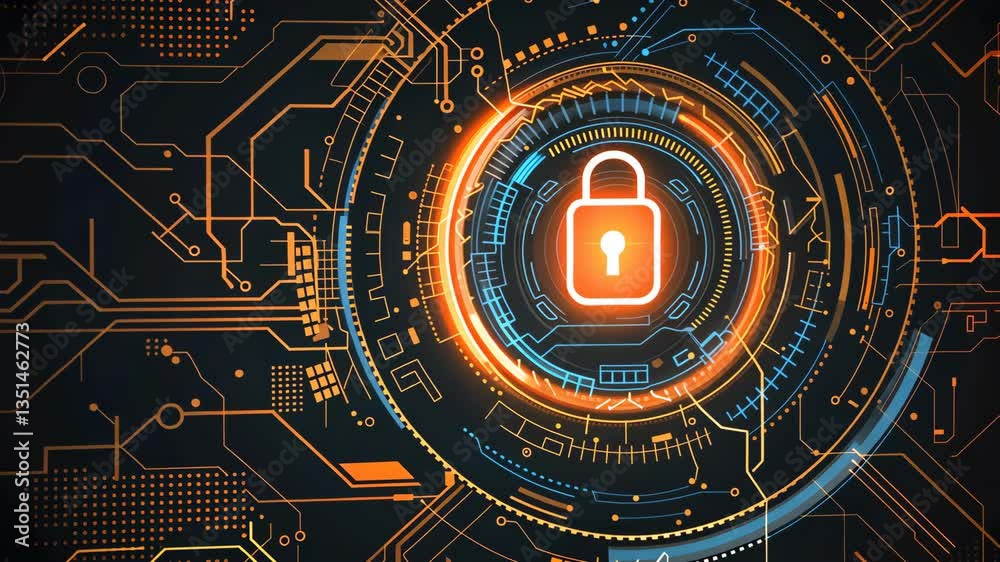 Poster a modern padlock on a detailed circuit board symbolizes the vital role of cybersecurity and advanced