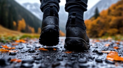 Hiking boots on a wet path in autumn mountains