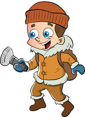 Happy explorer kid in warm clothes exploring a cave with a flashlight