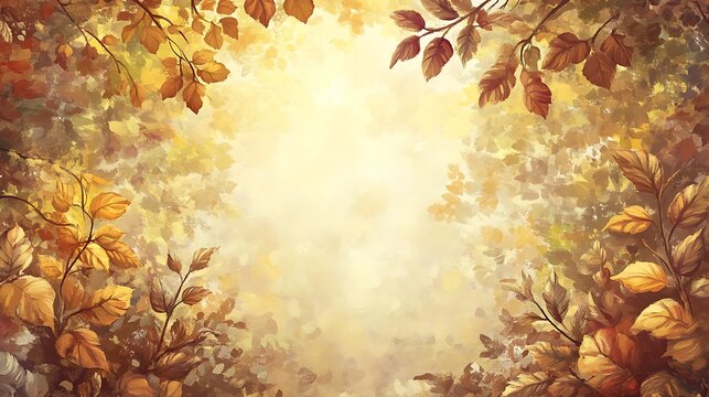Autumn leaves with forest canopy, and sunlight.