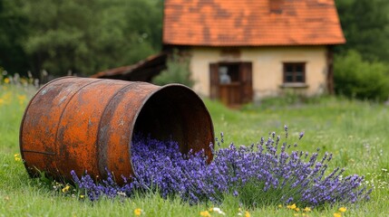 Obraz premium Rusty barrel overflowing with lavender in a field near a rustic house