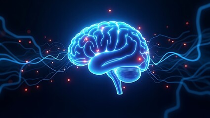 Glowing blue brain, digital neural network, futuristic technology, neon circuit lines