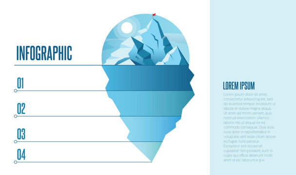 Iceberg infographic presentation slide template with steps For business analysis strategy planner Big blue iceberg in calm ocean water. Illustration of visible and hidden parts of iceberg