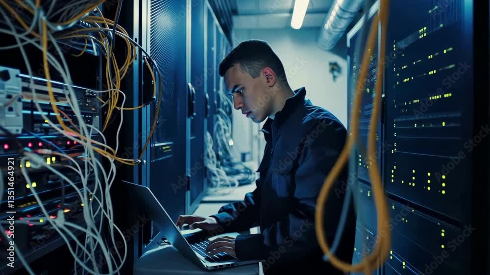 Aufkleber A technician is focused on a laptop in front of a crowded server rack, managing network connections to ensure smooth operation of essential data infrastructure for business functions