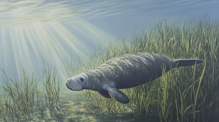 Serene Manatee in Sunlit Seagrass