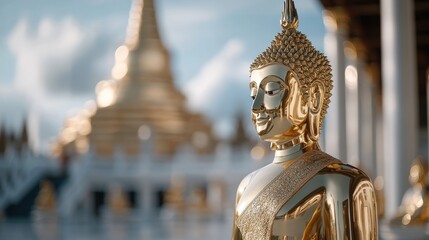Golden Buddha Statue with Glowing Aura in Sacred Thai Buddhism, Shimmering Buddha statue with a blurred temple backdrop in soft focus.