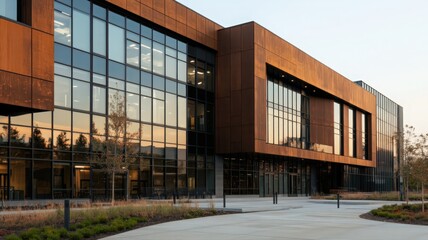 Obraz premium Modern Rusted Metal Building Exterior with Glass Facade at Sunset