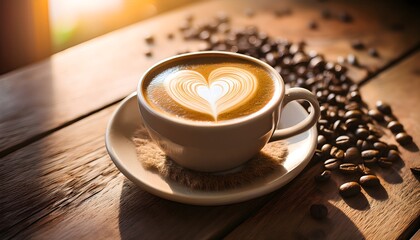 A cup of coffee with heart-shaped latte art, placed on a cozy wooden table.