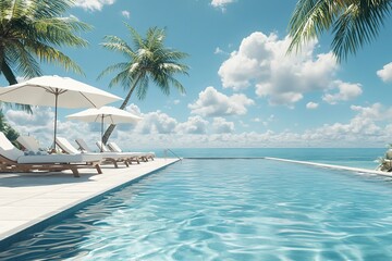 Fototapeta premium Serene Infinity Pool with Loungers, Parasols, Palm Trees, and Ocean View Scene