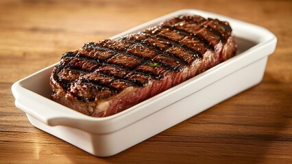 A perfectly grilled steak presented in a white dish, showcasing grill marks and juicy texture against a wooden background. Concept Grilled Steak Presentation, Juicy Texture, Grill Marks Detail