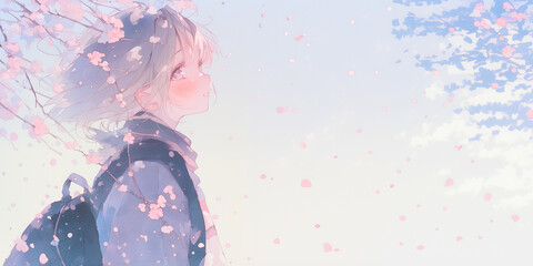 新生活の喜びを感じている少女。桜。水彩。水彩画。イラスト。バナー素材。背景素材。