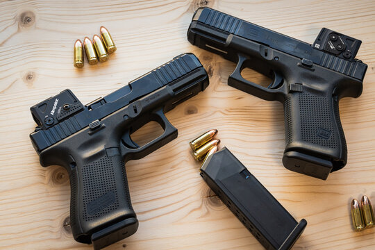 Baltics March 21, 2025. Two new tactical 9mm pistols Glock 19 with Red Dot Aimpoint sights.