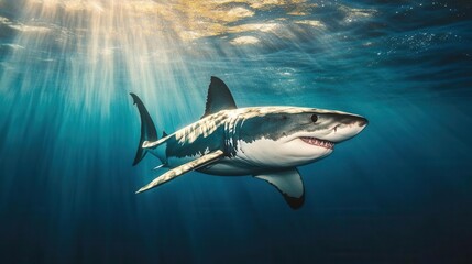 Obraz premium Graceful Great White Shark Swimming Underwater in the Depths of the Ocean with Rays of Light