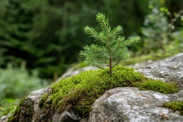 Small Evergreen Sapling Growing on Mossy Rock in Forest
