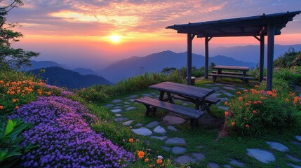 Obraz premium Mountaintop sunrise picnic gazebo scenic view