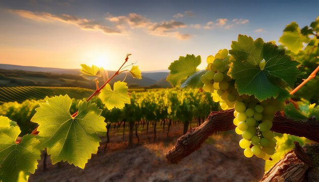 Un paisaje de un vi&ntilde;edo con luz del sol al atardecer y hojas de parra con un racimo de uvas verdes en primer plano