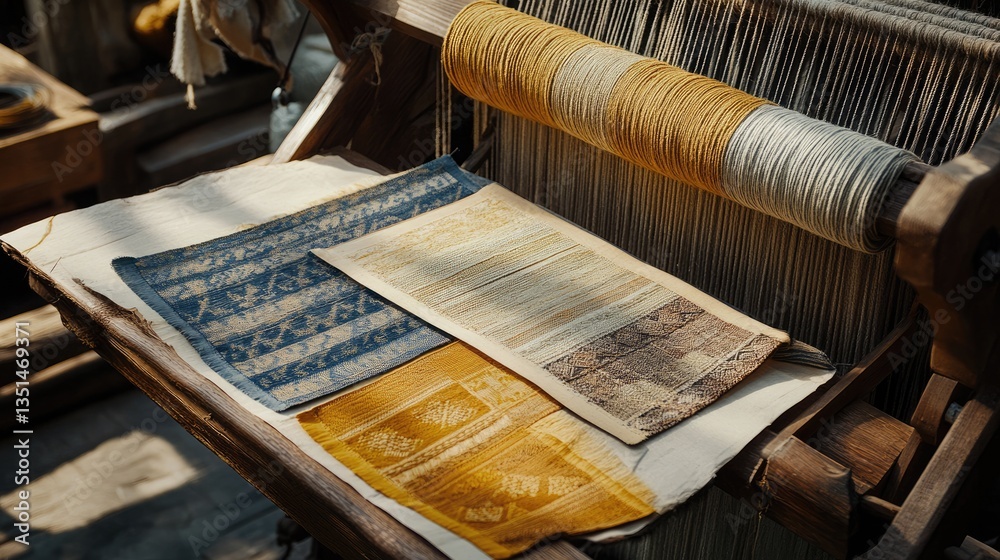 Fototapete a weaving draft book open to different pattern samples beside a loom.