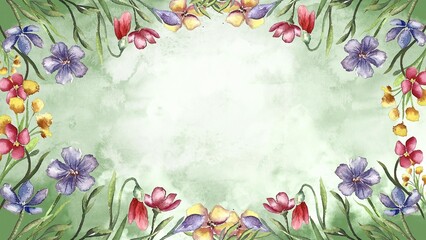 Watercolor floral frame with wildflowers on a soft green background. Elegant botanical design greeting cards, invitations, and wedding templates. Hand-painted artistic composition with pastel tones.