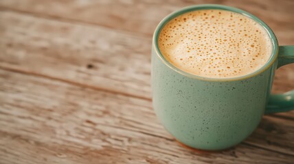 Teal Mug of Frothy Beverage on Rustic Wooden Table