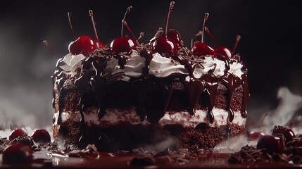  A decadent Black Forest Gateau, a chocolate lover's dream. Layers of chocolate sponge cake are soaked in cherry liqueur, filled with whipped cream and cherries, and topped 