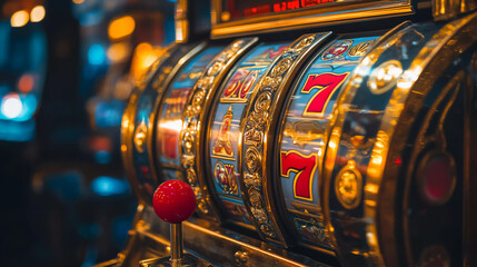 A golden and black slot machine with a red ball