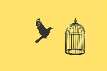Freedom Concept Flying Bird Silhouette, Open Cage, Yellow Background, Minimalist Design