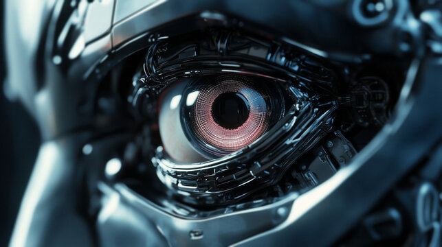 front view closeup of frightening robotic eye looking directly at camera