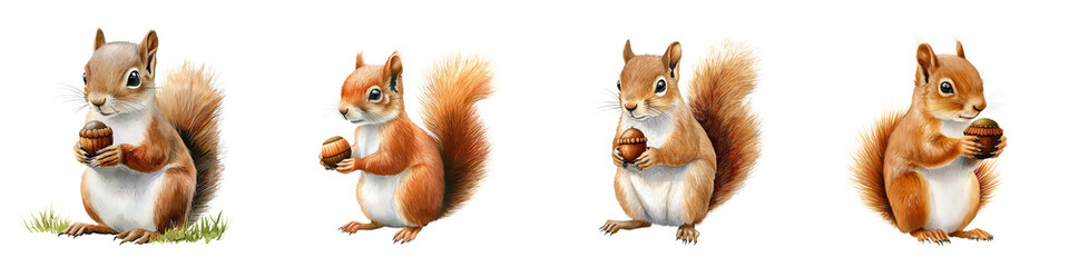 "Four Cute Squirrels Holding Acorns in Various Poses and Expressions"