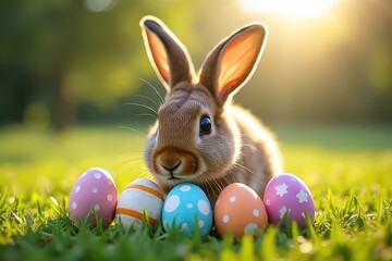 Adorable Baby Rabbit Encountering Colorful Easter Eggs in a Scenic Meadow