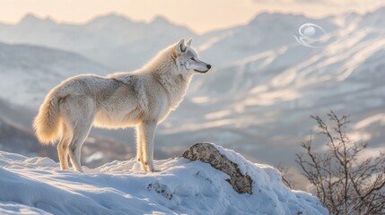 Fototapeta premium Majestic Arctic Wolf on Snowy Mountain Peak at Sunrise