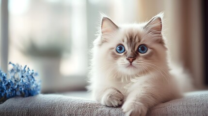 Beautiful kitten with striking blue eyes gazing adorably at the camera while sitting on a soft background