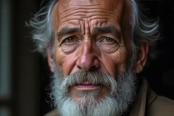 A man with a beard and gray hair is staring at the camera. He has a serious expression on his face