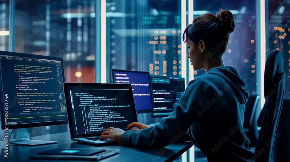 Poster A skilled software developer codes and debugs across multiple screens in a fastpaced tech environment, inspired by a stunning city skyline that fuels their creativity and passion for innovation