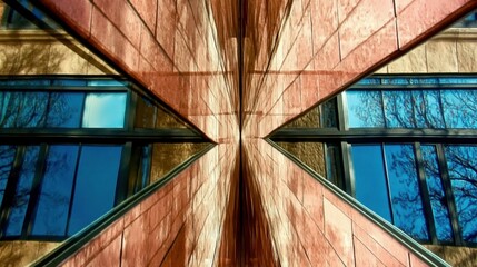 Geometric patterns formed by reflections on a mirrored building.