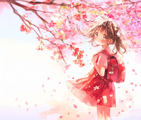 Fototapeta premium 新生活の喜びを感じている少女。桜。水彩。水彩画。イラスト。バナー素材。背景素材。