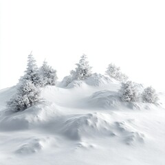Fototapeta premium Snowy Hill with Evergreen Trees Covered with Frost, White Background, Winter Scenery