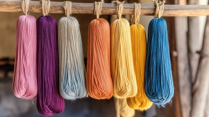 Strands of dyed cotton thread hanging to dry before weaving.