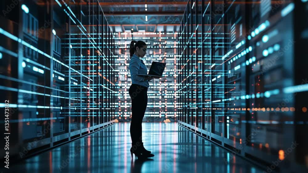 Poster a professional woman stands in a high-tech data center, holding a laptop, analyzing digital data ami