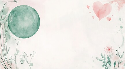 Watercolor Wash with Pink Hearts, Green Circle, Flowers and Foliage on White Paper