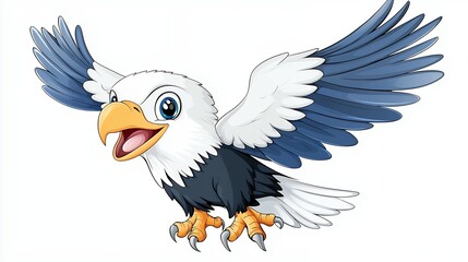 Cartoon eagle soaring with wings spread and cheerful expression.