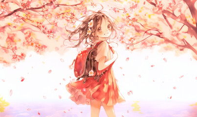 新生活の喜びを感じている少女。桜。水彩。水彩画。イラスト。バナー素材。背景素材。